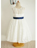 Vintage Ivory Lace Slit Back Knee Length Flower Girl Dress 